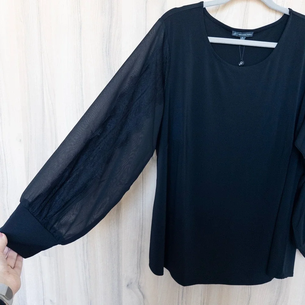 Adrianna Papell Womens Blouse 2X Black Mesh Sleeve Career Dressy‎ Whimsical Chic